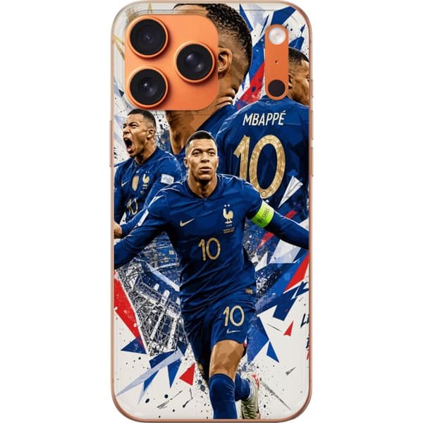 Kompatibel Mobilcover til Apple iPhone 18 Pro Max Kylian Mbappé i dynamisk fodboldcollage med blå, hvide og røde detaljer blå