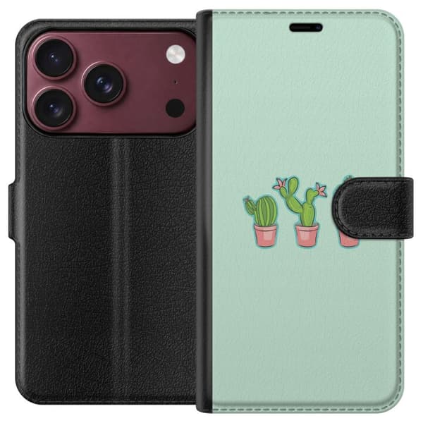 Kompatibel Tegnebogsetui til Apple iPhone 18 Pro Tre illustrerede grønne kaktusser i lyserøde potter mod mintgrøn baggrund grøn
