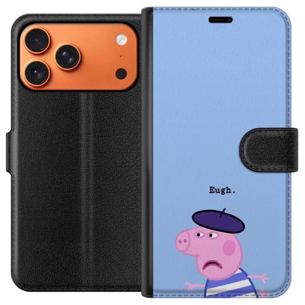 Kompatibel Tegnebogsetui til Apple iPhone 17 Pro Max Peppa Pig-motiv med lilla basker, stribet trøje og teksten Eugh på lyseblå baggrund blå
