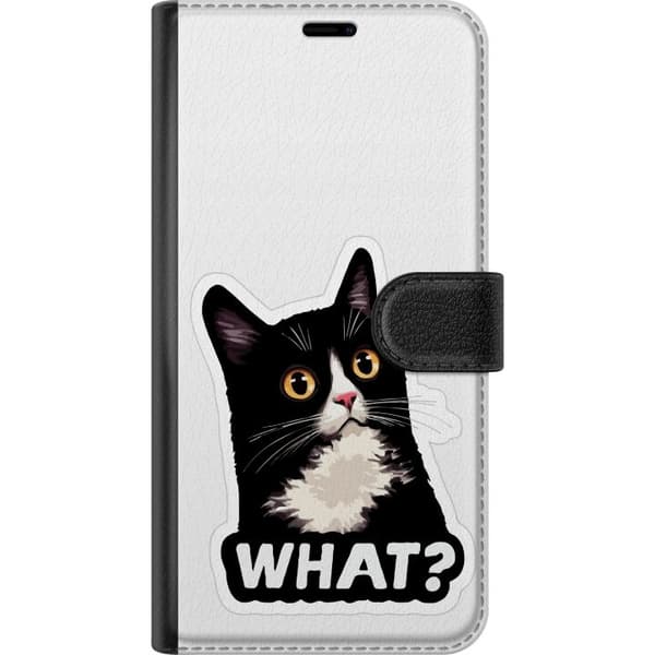 Kompatibel Tegnebogsetui til Apple iPhone 12 mini Sort-hvid kat med store øjne og teksten What, sjovt kattemotiv med meme-look sort