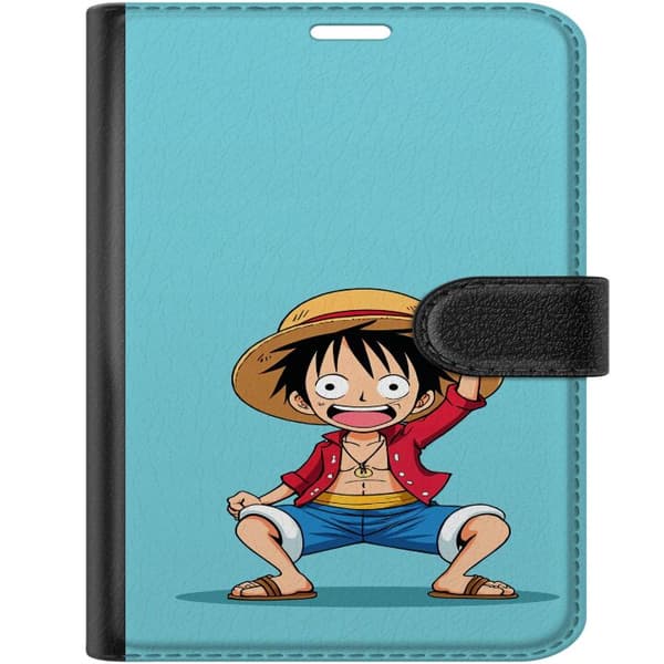 Kompatibel Tegnebogsetui til Apple iPhone Duo Luffy med stråhat og rød jakke mod lyseblå baggrund blå