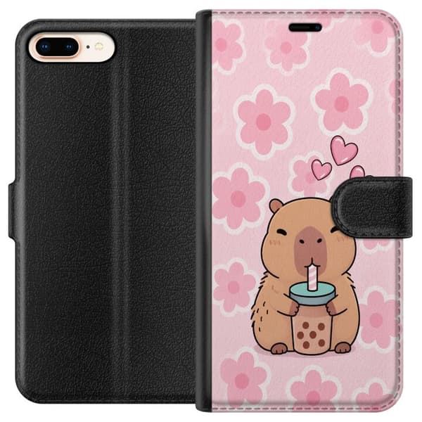 Kompatibel Tegnebogsetui til Apple iPhone 8 Plus Sød tegnet kapybara, der drikker bubble tea blandt lyserøde blomster og skinnende hjerter på lyserød pink