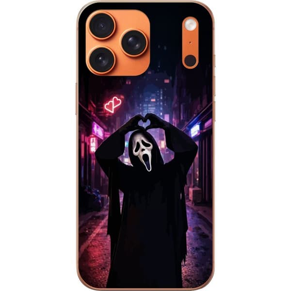 Kompatibel Mobilcover til Apple iPhone 18 Pro Max Sort skrækmotiv med maskeret figur, hjertehænder og neonbelyst by sort