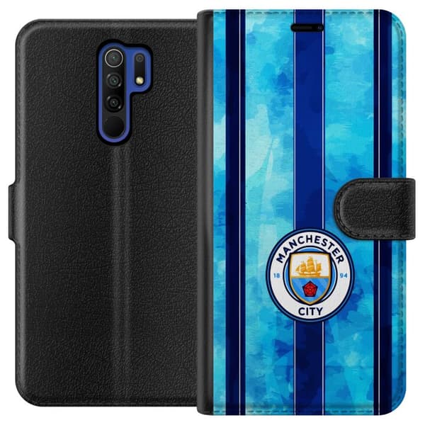 Kompatibel Tegnebogsetui til Xiaomi Redmi 9 Stort cirkelformet fodboldemblem mod lyseblå og mørkeblå lodrette striber med subtil tekstur blå