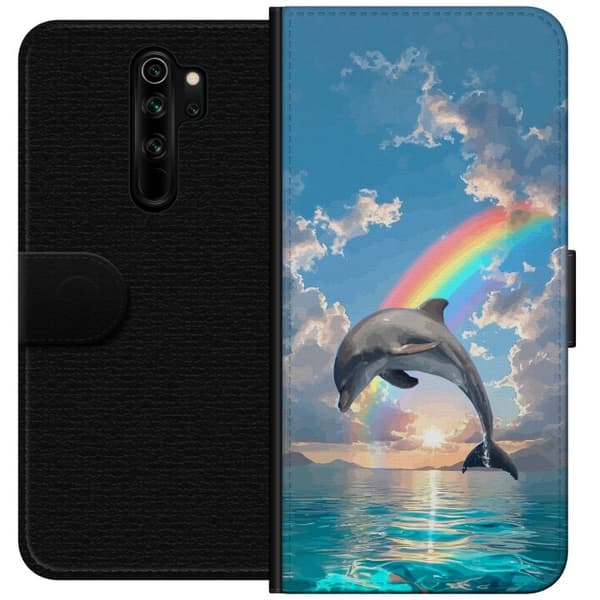 Kompatibelt Plånboksfodral till Xiaomi Redmi Note 8 Pro  Realistisk delfin framför regnbåge över lugnt hav blå