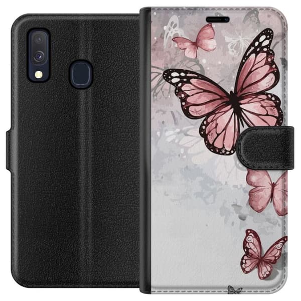 Kompatibel Tegnebogsetui til Samsung Galaxy A40 Rosa sommerfugle