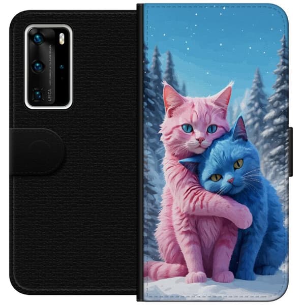 Kompatibel Tegnebogsetui til Huawei P40 Pro Søde lyserøde og blå katte, der krammer i sneklædt vinterlandskab blå