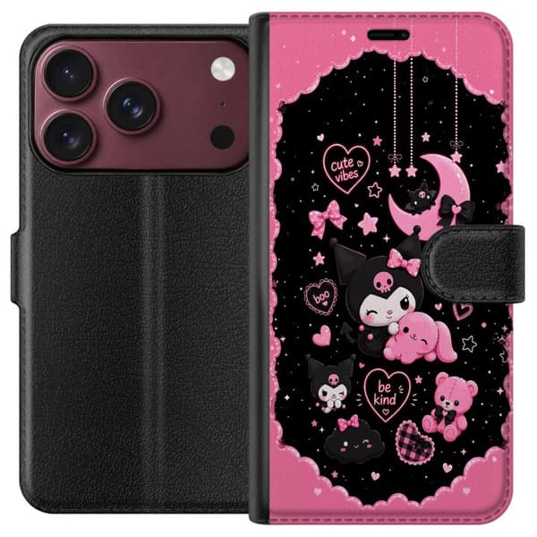 Kompatibel Tegnebogsetui til Apple iPhone 18 Pro Max Søde lyserøde og sorte gothfigurer med hjerter, måne, stjerner og positiv tekst sort