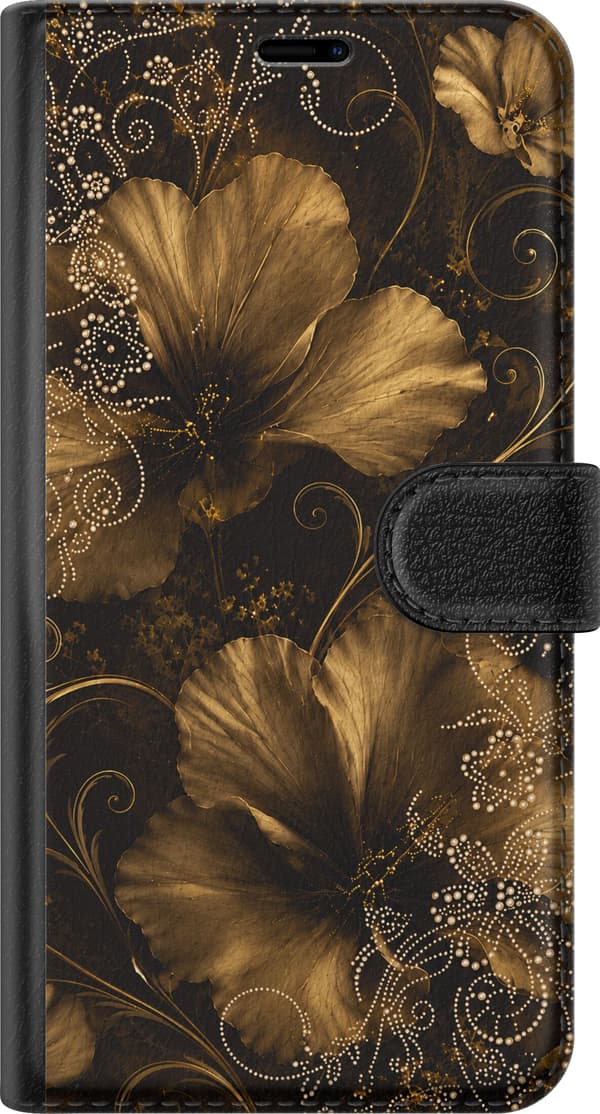 Kompatibelt Plånboksfodral till Apple iPhone 15 Guldfärgade blommor guld