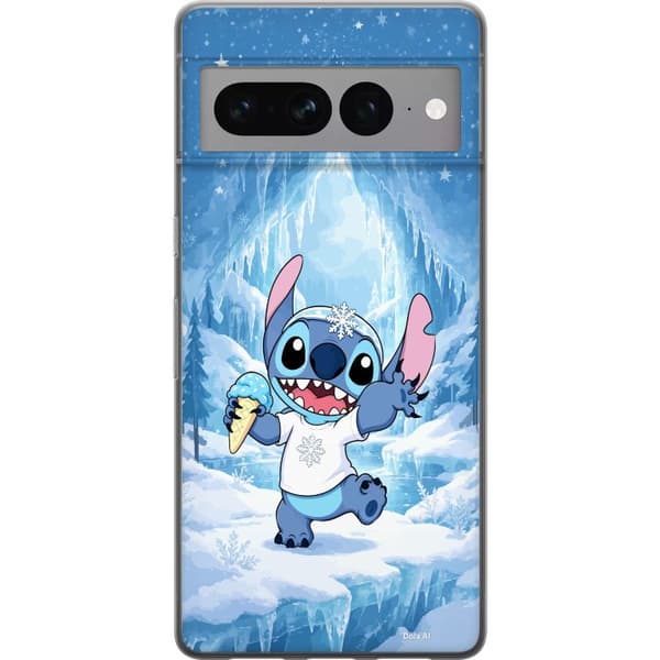 Kompatibelt Mobildeksel til Google Pixel 7 Pro Blå tegnet fantasifigur med iskrem, snøfnugg og isete vinterbakgrunn blå