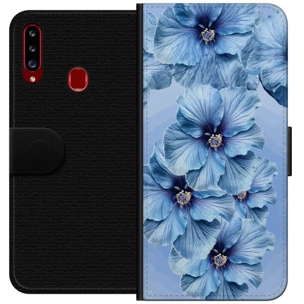 Kompatibel Tegnebogsetui til Samsung Galaxy A20s Store lyseblå blomster med mørkeblå centre mod blå baggrund blå