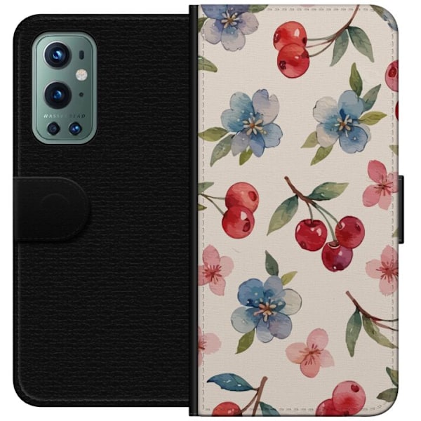 OnePlus 9 Pro Lommeboketui Bær & Blomster - mønster med blå blomster og skogsbær