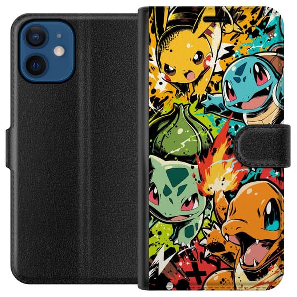 Kompatibel Tegnebogsetui til Apple iPhone 12 Bulbasaur, Charmander og Squirtle i farverigt graffiti-inspireret actiondesign