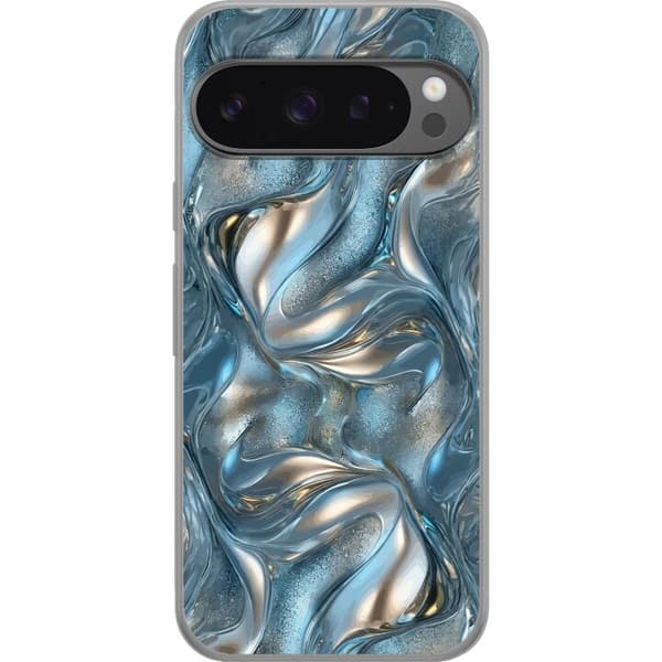 Kompatibelt Mobilskal till Google Pixel 9 Pro XL Abstrakt flytande krom i silver och blå metallic-effekt silver