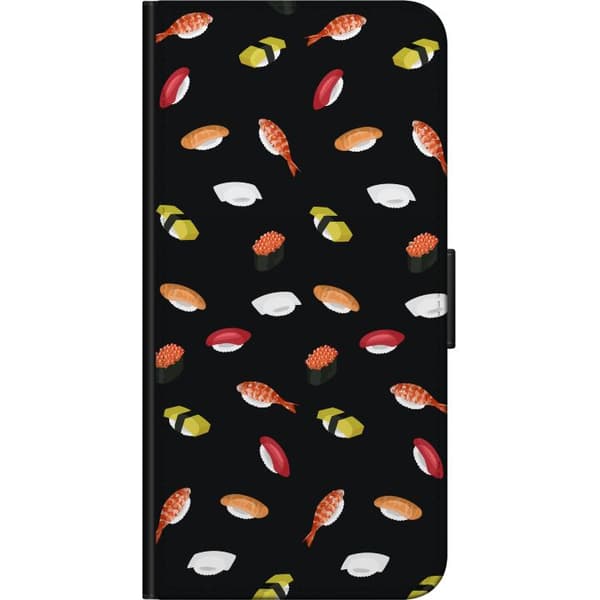 Kompatibel Tegnebogsetui til Xiaomi Redmi Note 9S Mønster med sushi, nigiri, rejer og rogn mod sort baggrund sort