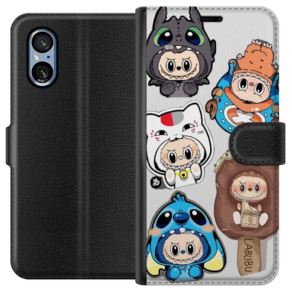 Sony Xperia 5 V Tegnebogsetui Labubu figur samling - Pop Mart Labubu The Monsters i farverigt design