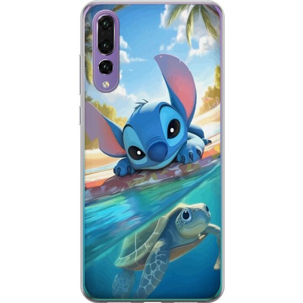 Huawei P20 Pro Genomskinligt Skal Stitch med sköldpadda – söt blå alien i tropisk strandmiljö från Disney