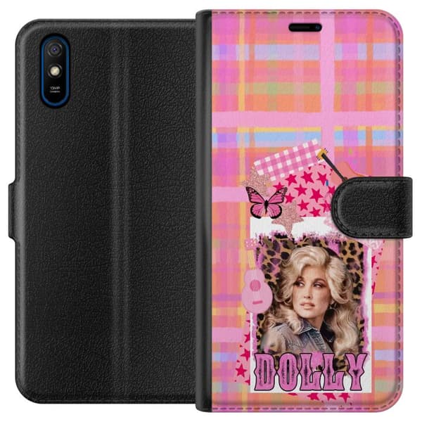 Kompatibel Tegnebogsetui til Xiaomi Redmi 9A Dolly Parton rosa countrycollage med gitarr pink