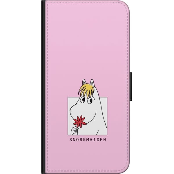 Kompatibel Tegnebogsetui til Xiaomi Redmi Note 9S Snorkfrøken med rød blomst og lyserød baggrund, tegnet karaktermotiv pink
