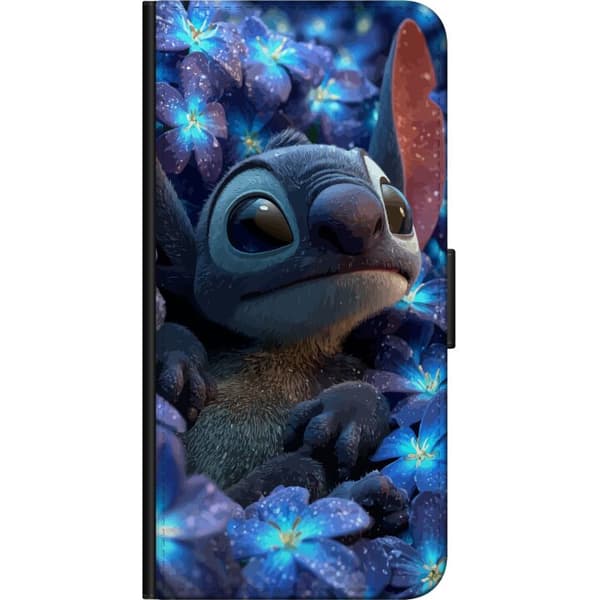 Kompatibel Tegnebogsetui til Samsung Galaxy A20s Stitch i et blåt blomsterbed med bløde farver og en drømmende Disney-stemning, hvor Stitch sidder om