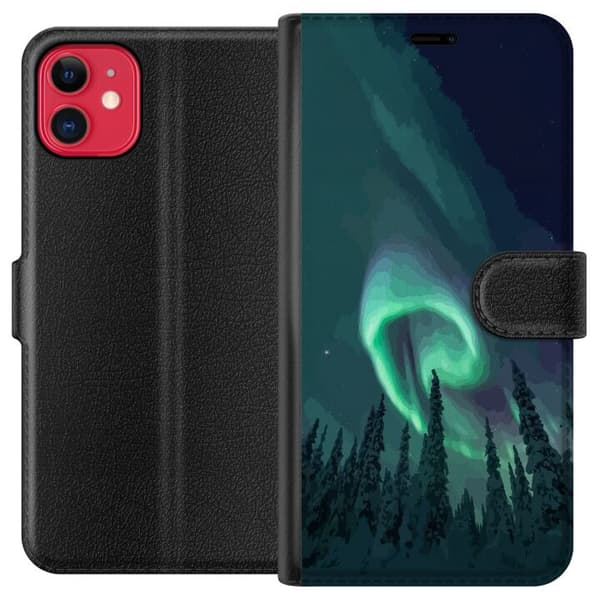 Kompatibelt Plånboksfodral till Apple iPhone 11 Norrsken över vinterlandskap grön