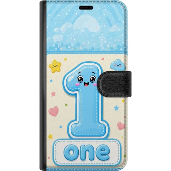 Kompatibel Tegnebogsetui til Samsung Galaxy A34 Blåt tal et med teksten One, små stjerner, hjerter og søde detaljer blå