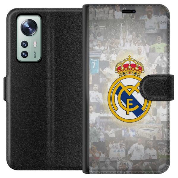 Xiaomi 12 Lompakkokotelo Real Madrid -emblem Jalkapallokerho Tunnuksella Valkoinen Kulta Design Mestarien Liiga Mestari La Liga Fanit Ikoninen