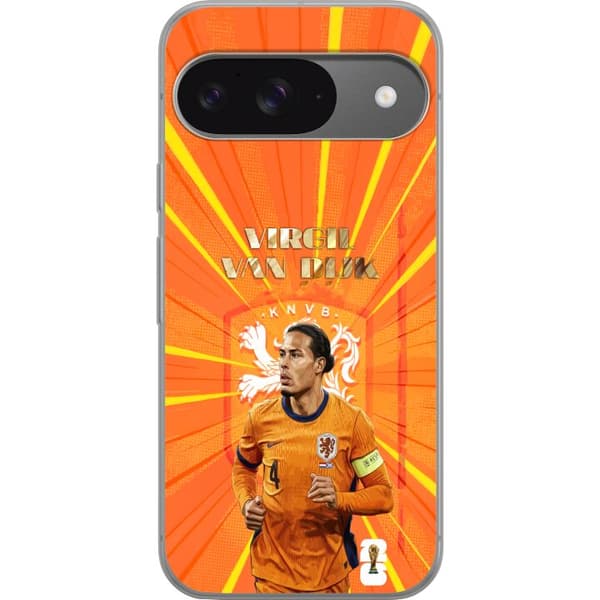 Kompatibelt Mobildeksel til Google Pixel 9 Illustrert Virgil van Dijk i oransje landslagstrøye med kraftig grafikk oransje