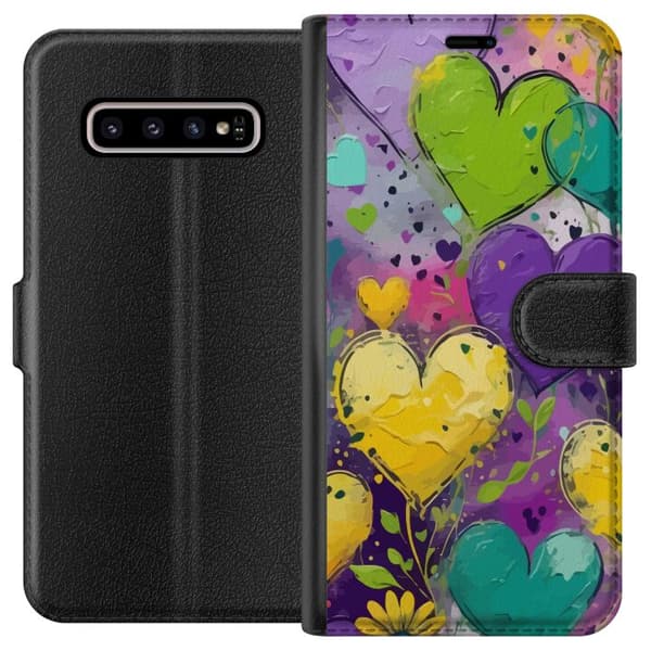 Kompatibelt Lommeboketui til Samsung Galaxy S10+ Abstrakte malte hjerter i sterke farger