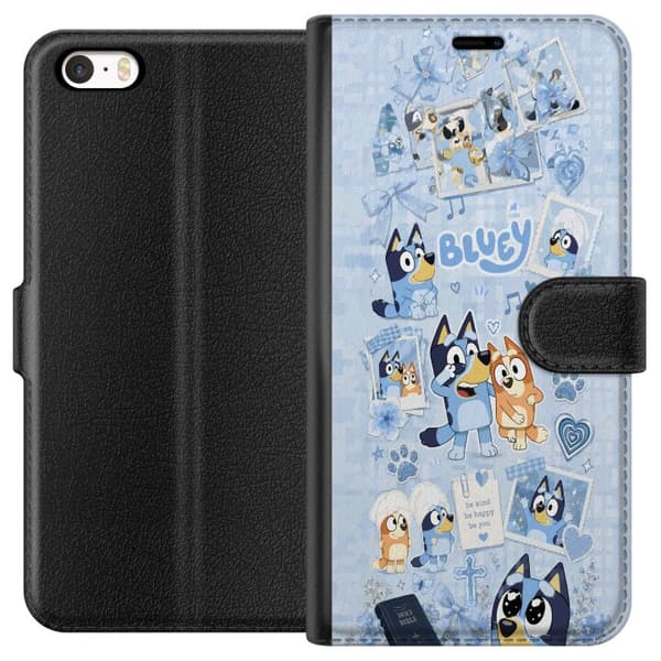Kompatibel Tegnebogsetui til Apple iPhone 5 Blåt tegnet collage med hunde, hjerter, poter, blomster og sløjfer blå
