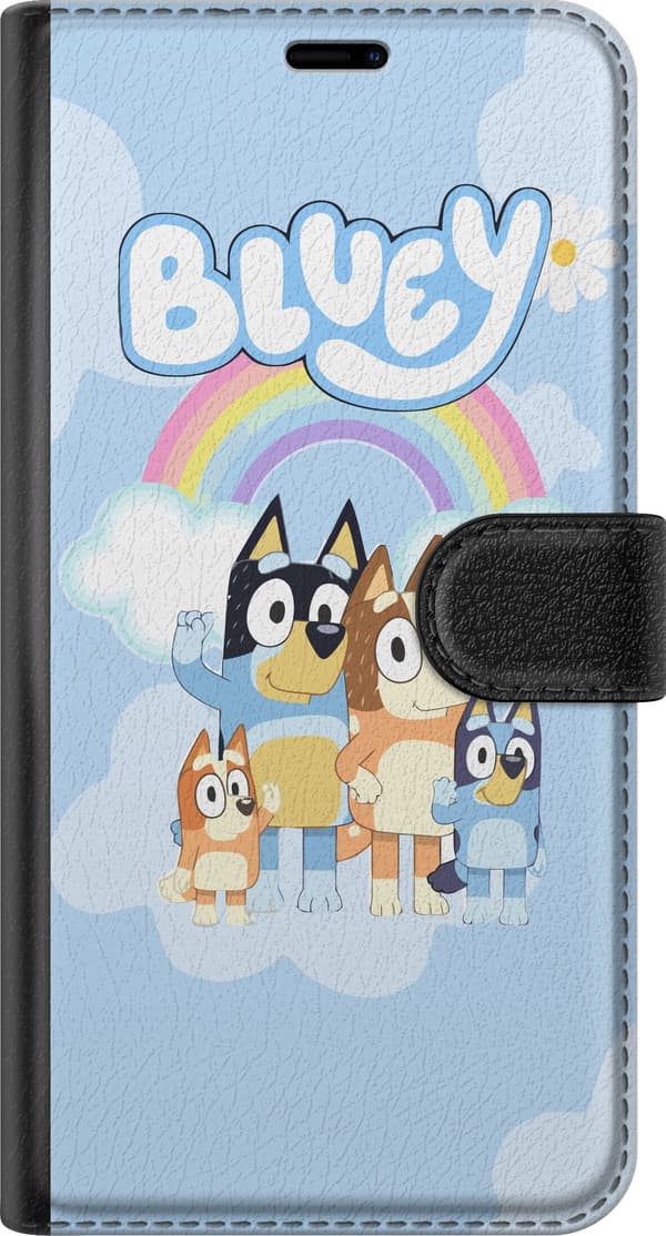 Kompatibel Tegnebogsetui til Apple iPhone X Bluey og hundefamilien under en regnbue med hvide skyer blå