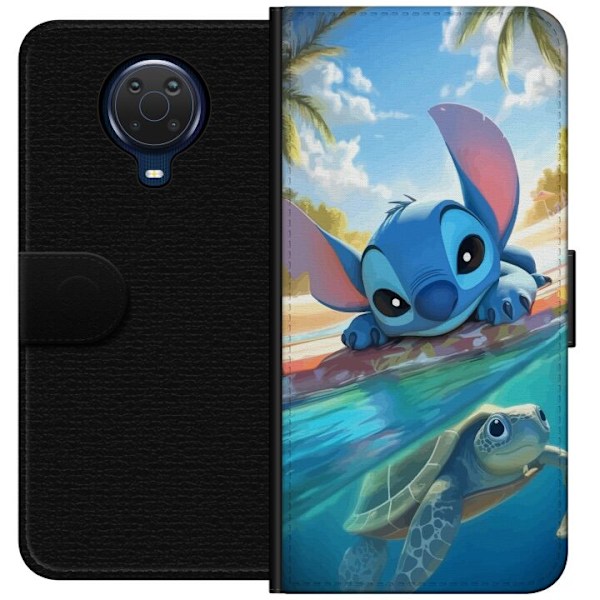 Nokia G20 Plånboksfodral Stitch med sköldpadda – söt blå alien i tropisk strandmiljö från Disney