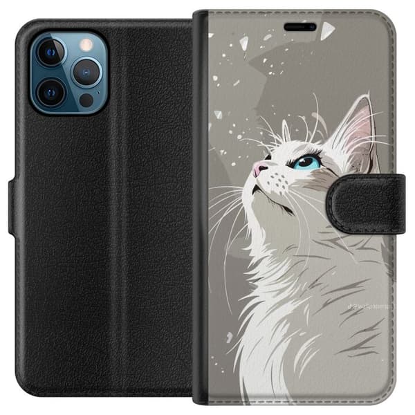 Kompatibel Tegnebogsetui til Apple iPhone 12 Pro Max Stilren illustration af en hvid kat med blå øjne, der kigger opad mod en grå baggrund grå