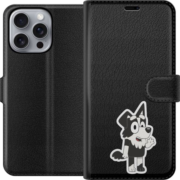 Kompatibel Tegnebogsetui til Apple iPhone 16 Pro Max Vinkende sort-hvid hund - Sort motiv med en sort-hvid hundefigur, der vinker. sort