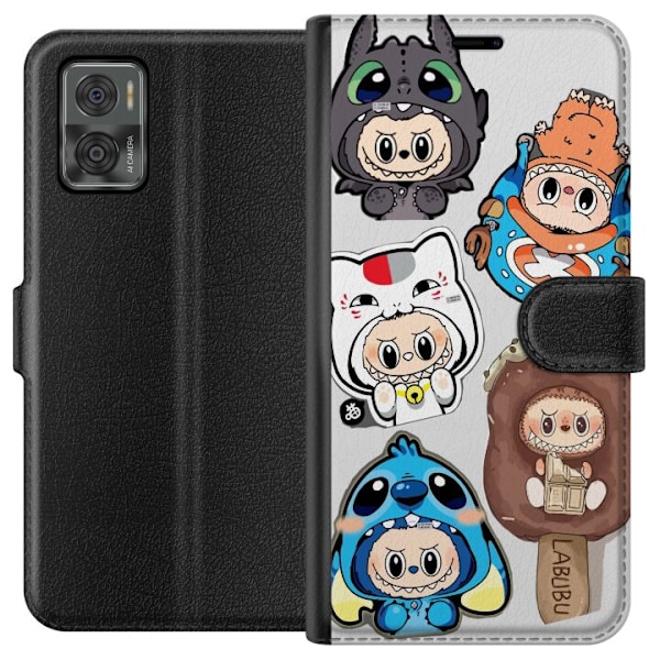 Motorola Moto E22i Tegnebogsetui Labubu figur samling - Pop Mart Labubu The Monsters i farverigt design