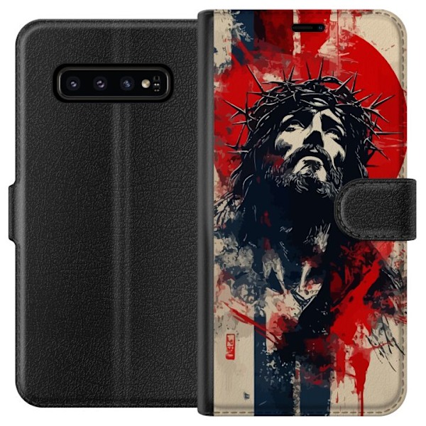 Samsung Galaxy S10 Tegnebogsetui Jesus med kors - kristent motiv med stærk symbolik om tro og håb