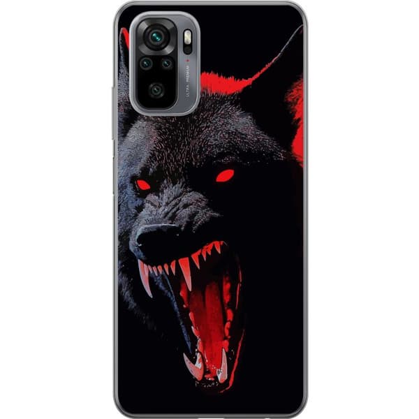 Kompatibel Mobilcover til Xiaomi Redmi Note 10 Dramatisk ulveportræt med lysende røde øjne og blottede tænder mod sort baggrund sort