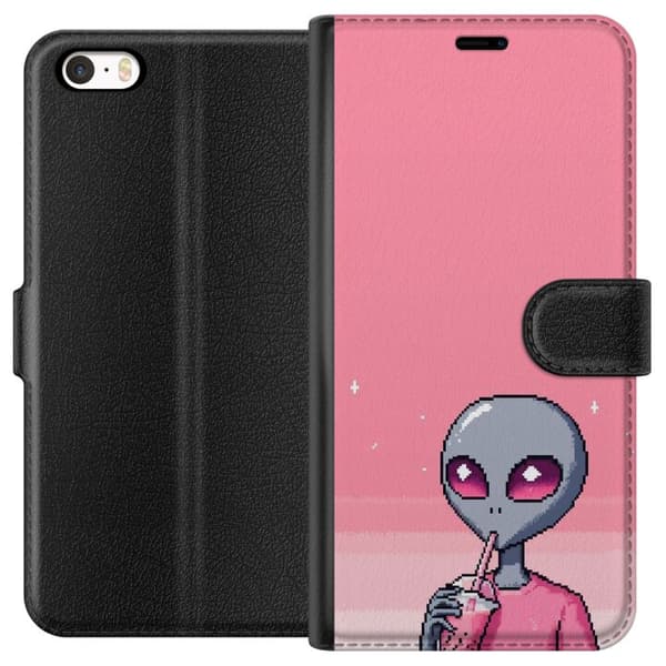 Kompatibel Tegnebogsetui til Apple iPhone 5s Retro-pixelillustration af en grå alien, der drikker lyserød drik på lyserød baggrund pink