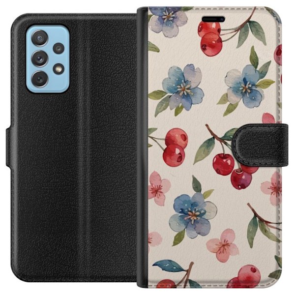 Samsung Galaxy A72 5G Tegnebogsetui Bær & Blomster - mønster med blå blomster og skovbær