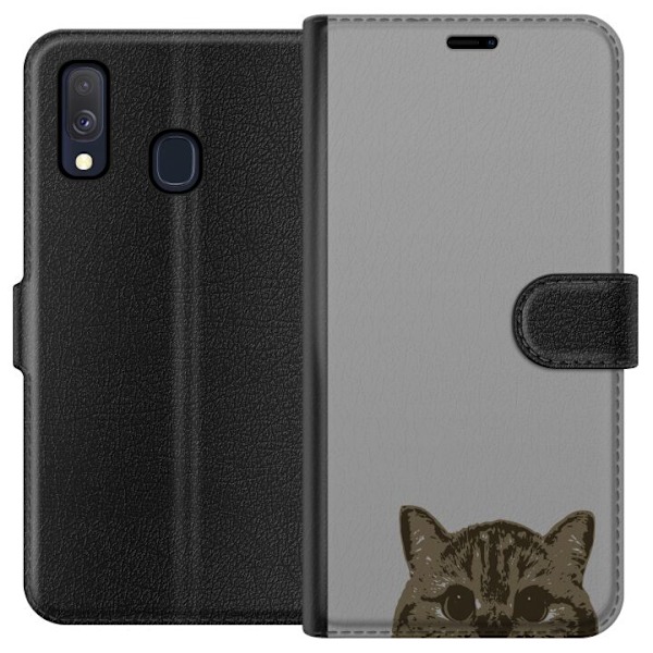 Samsung Galaxy A40 Plånboksfodral Grå Kattblick – stilren kattdesign med grå bakgrund