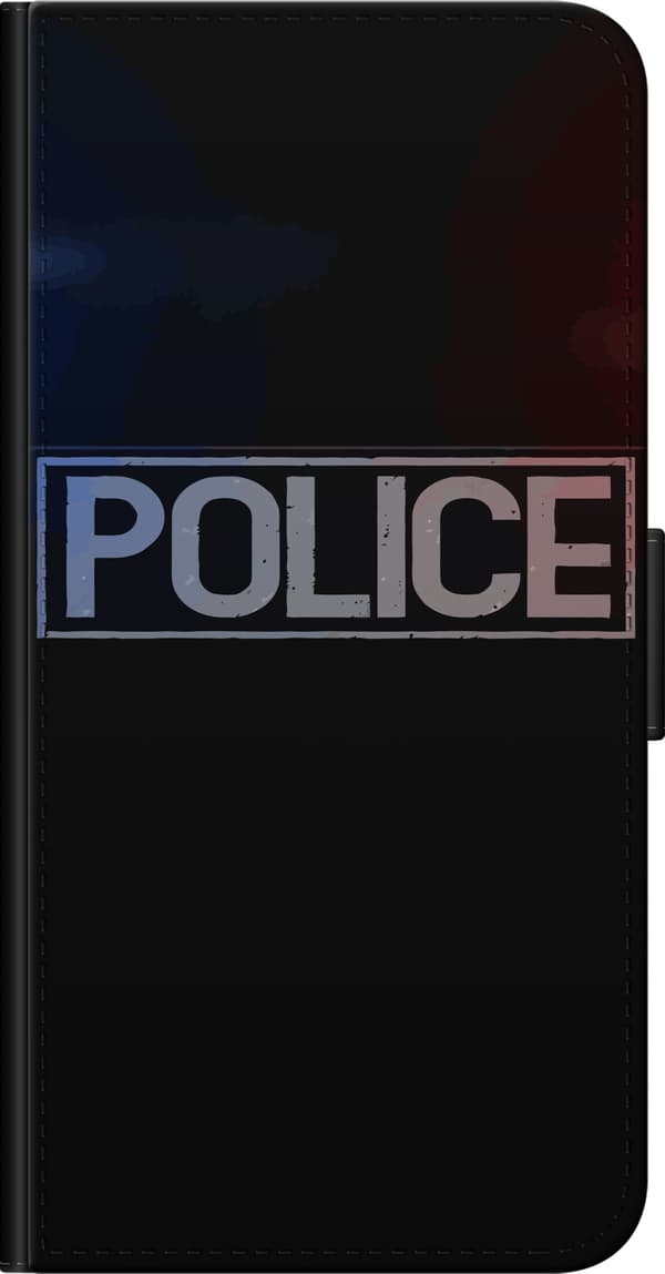Kompatibel Tegnebogsetui til Xiaomi Redmi Note 9 Pro Sølvgrå Police-tekst i en rektangulær ramme med rødblåt lys på sort baggrund sort