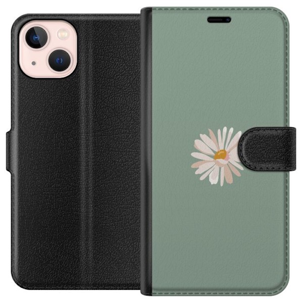Apple iPhone 13 mini Plånboksfodral Grön Minimalblomma – stilren blomma på grön bakgrund