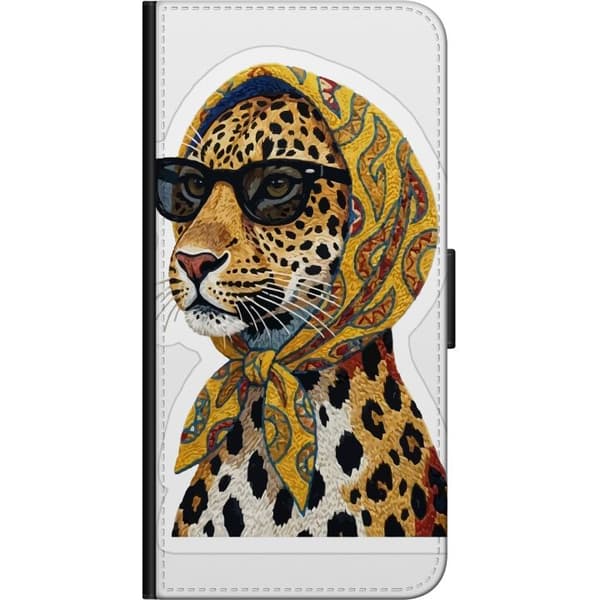 Kompatibel Tegnebogsetui til Xiaomi Redmi Note 8 Pro  Illustreret leopard med sorte briller og gult mønstret tørklæde mod hvid baggrund gul