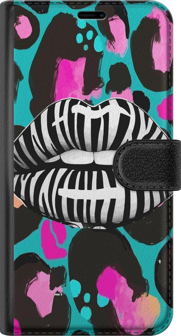 Kompatibel Tegnebogsetui til Apple iPhone 6 Sort-hvide zebrastribede læber over lyserøde, sorte og turkise leopardpletter flerfarvet