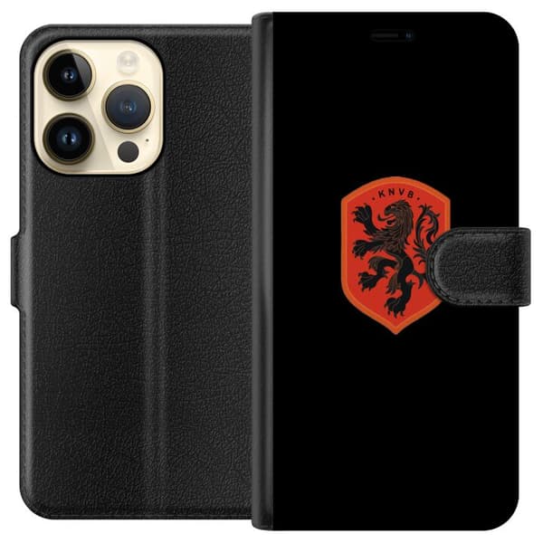 Kompatibel Tegnebogsetui til Apple iPhone 15 Pro Orange skjold med sort heraldisk løve mod sort baggrund sort