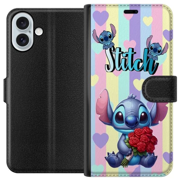 Kompatibel Tegnebogsetui til Apple iPhone 16 Plus Romantisk illustration af Stitch der holder røde roser mod stribet baggrund