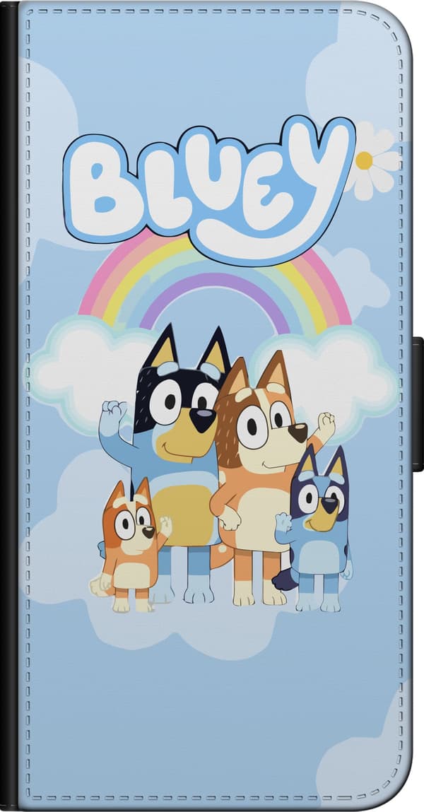 Kompatibel Tegnebogsetui til Xiaomi Redmi Note 8 Pro  Bluey og hundefamilien under en regnbue med hvide skyer blå