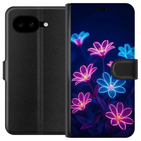 Kompatibel Tegnebogsetui til Google Pixel 10a Blåt og lyserødt motiv med lysende neonblomster mod mørk baggrund blå