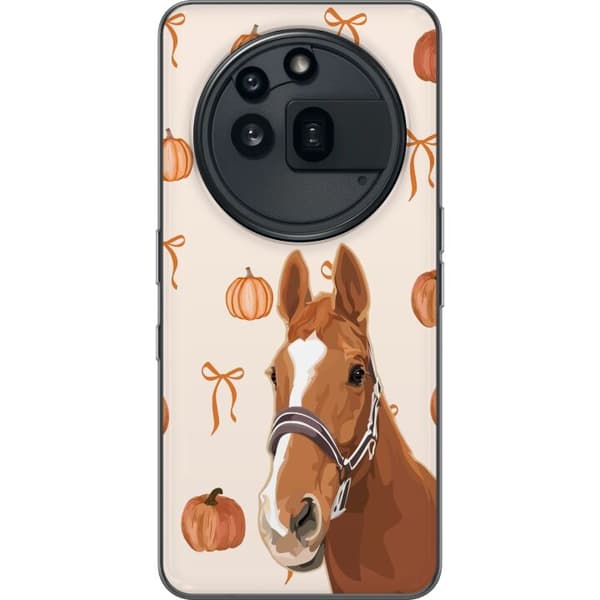 Kompatibelt Mobildeksel til Nothing Phone (3a) Pro Illustrert brun hest omgitt av oransje gresskar og dekorative rosetter brun