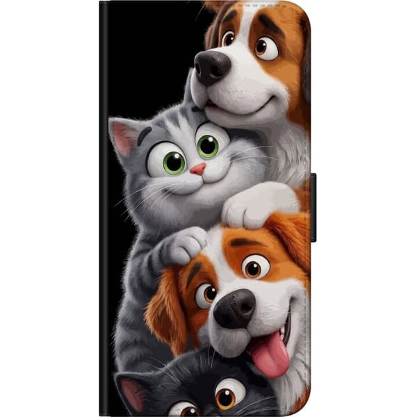 Kompatibel Tegnebogsetui til Samsung Galaxy Note 4 Legende motiv med tegnede katte og hunde på sort baggrund sort